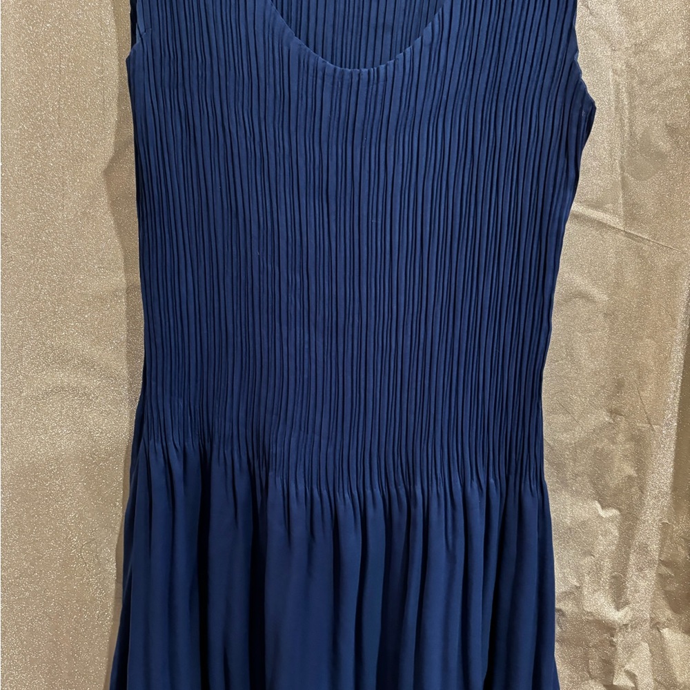 Casual Blue Ribbed Pleated Midi Sundress